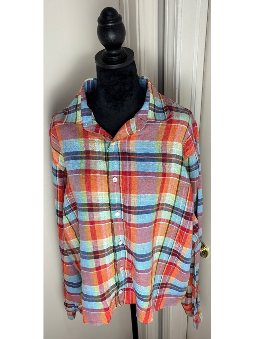 Upcycled Plaid Button Up Women Oversized Crop Top Y2K Preppy Raw Hem